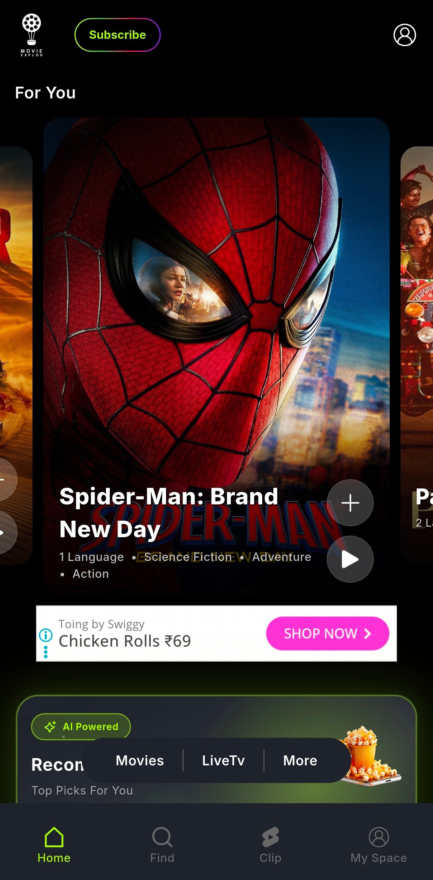 MovieXplor home screen with personalized recommendations